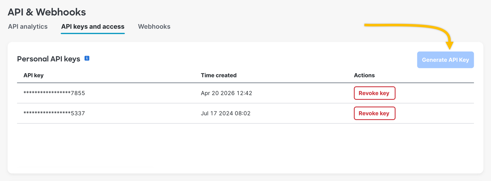 The API keys and access tab showing two existing personal API keys and a disabled Generate API Key button.