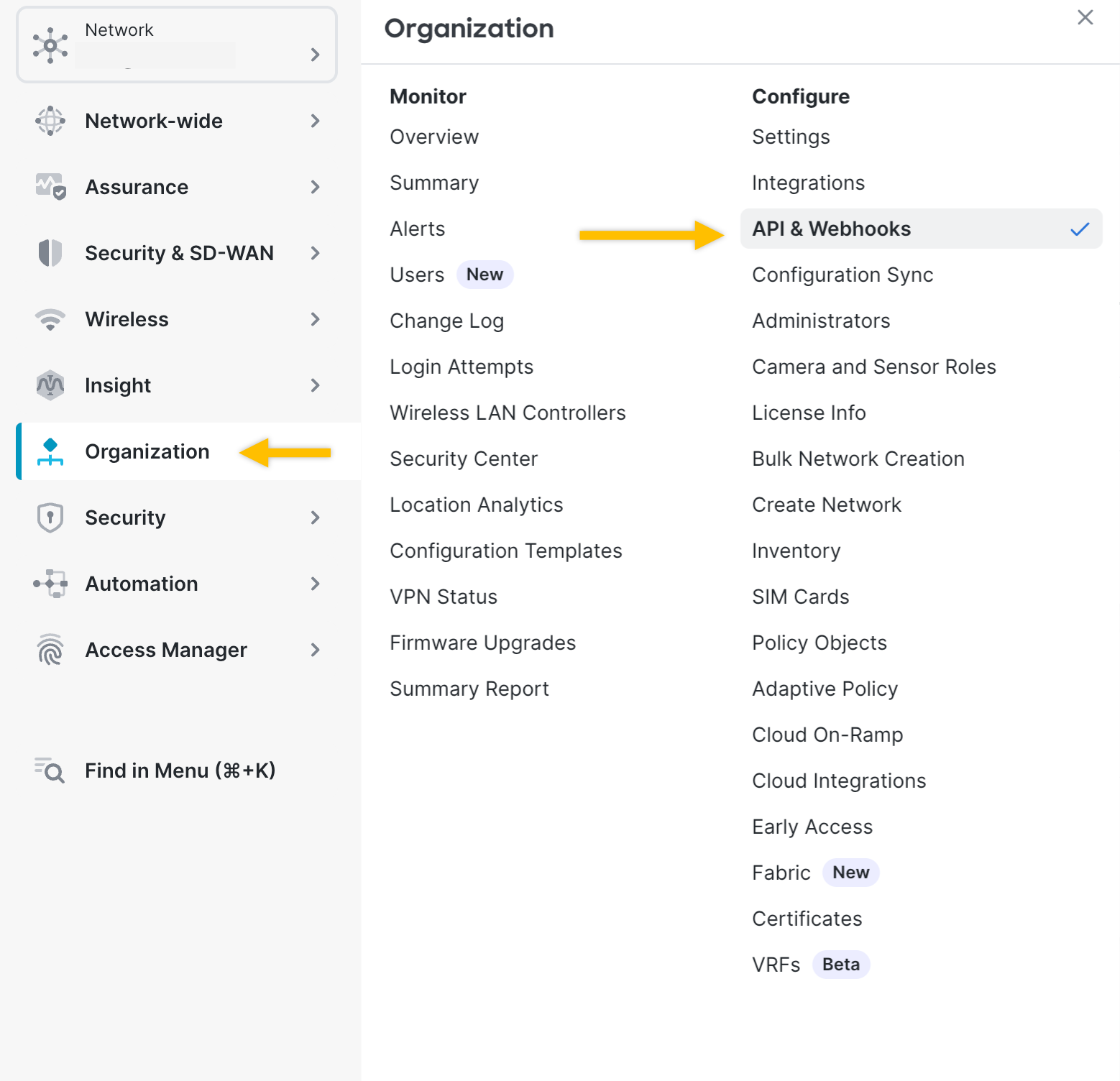 The Cisco Meraki Dashboard Organization menu with API & Webhooks highlighted under the Configure column.