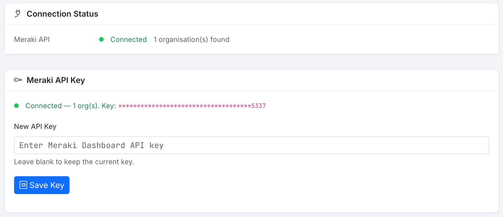 OnBackup showing Connection Status Connected with one organisation found and the stored key masked to its last four characters.