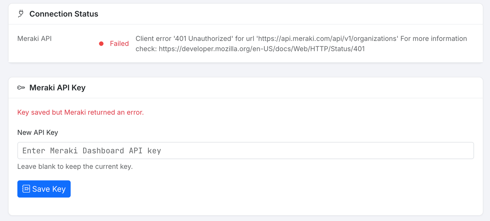 OnBackup showing Connection Status Failed with a 401 Unauthorized error from the Meraki API and the message Key saved but Meraki returned an error.