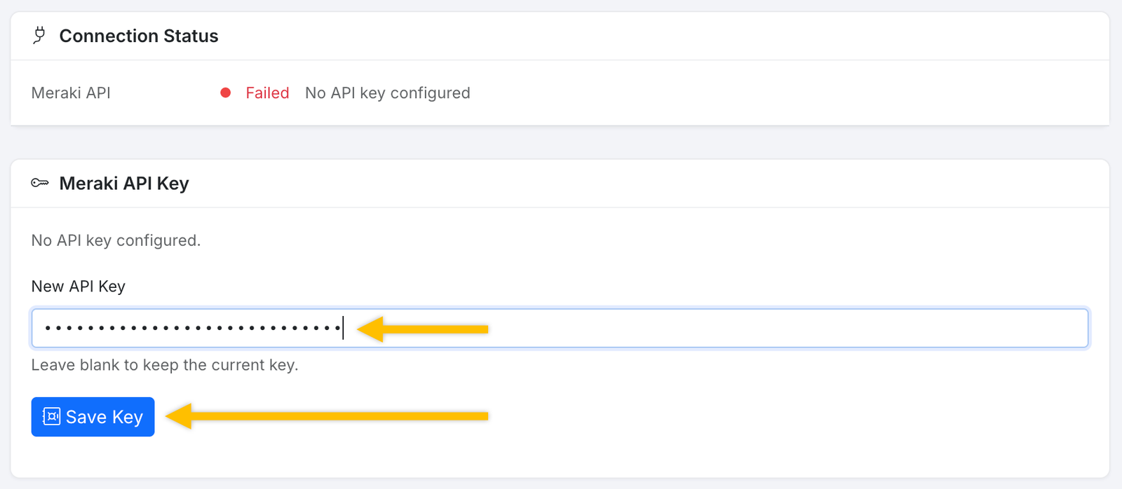 The Meraki API Key field with a key entered and arrows highlighting the field and the Save Key button.