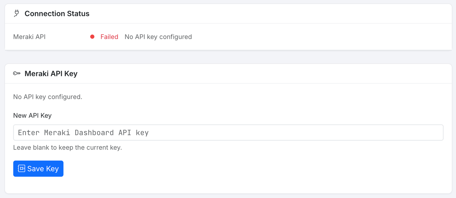 OnBackup Configuration page showing Connection Status Failed, No API key configured, and an empty Meraki API Key field.