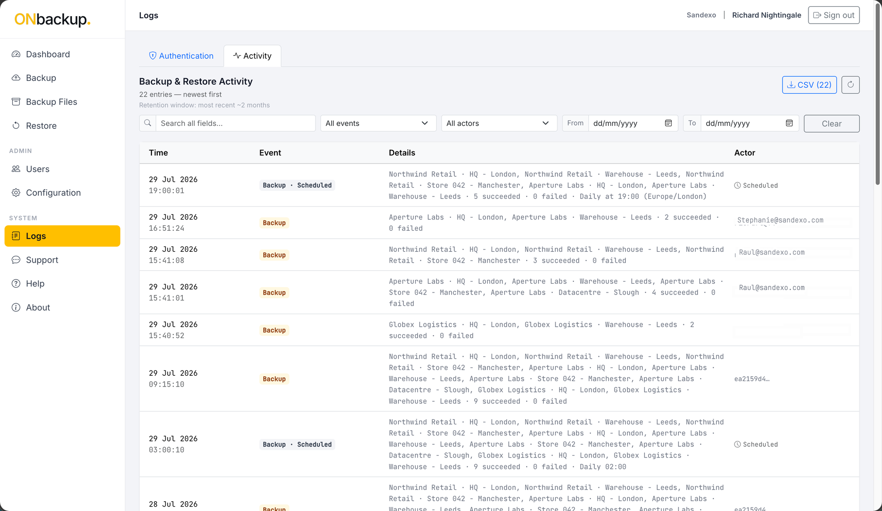 ONbackup Activity log showing timestamped backup and restore events across multiple Meraki organisations, with actor attribution for each entry.