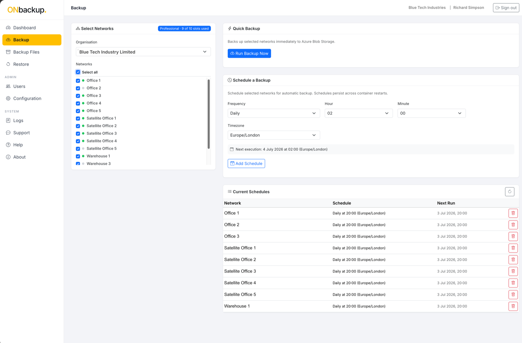 The OnBackup Backup page showing network selection, the Run Backup Now button, the schedule builder and a list of current schedules.
