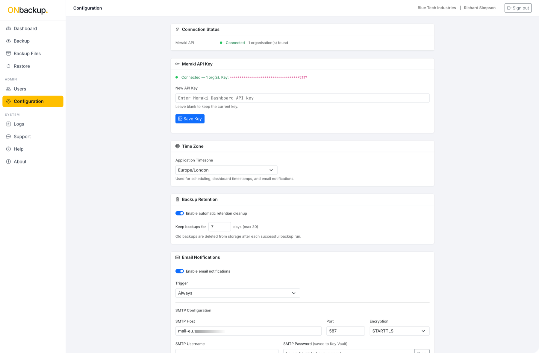 ONbackup configuration screen showing a connected Meraki API key, application time zone, backup retention and email notification settings.