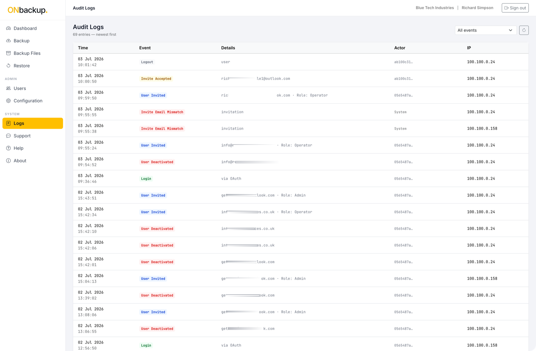ONbackup audit log showing timestamped login and account events, newest first.
