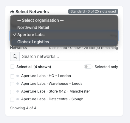 ONbackup network selection panel showing an organisation switcher across three Meraki organisations, with networks scoped to the selected organisation.